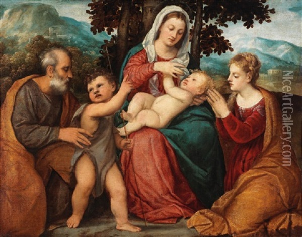 Holy Family With Saint John The Baptist And Saint Catherine (collab W/workshop) Oil Painting - Bonifazio de Pitati