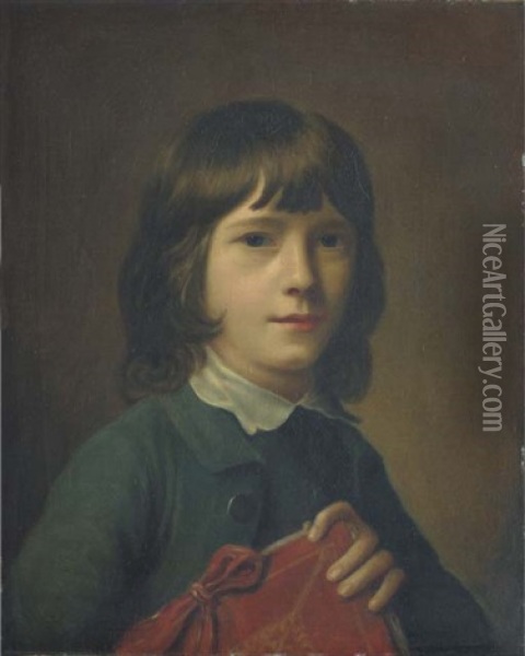 Portrait Of A Boy, Probably One The Artist's Children, Half-length, In A Green Coat And Waistcoat, Holding A Red Folio Oil Painting - Nathaniel Hone the Elder