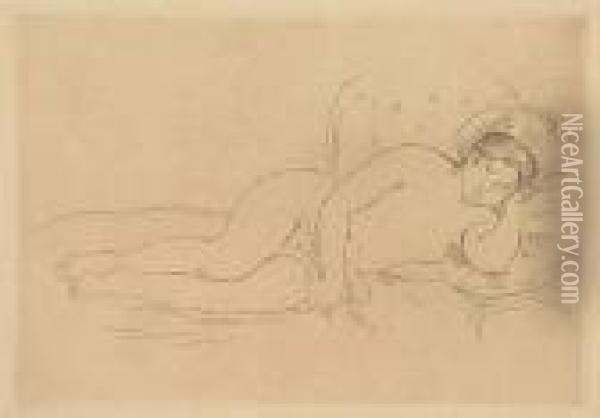 Femme Nue Couchee, Tournee A Droite (2e Planche). Oil Painting - Pierre Auguste Renoir