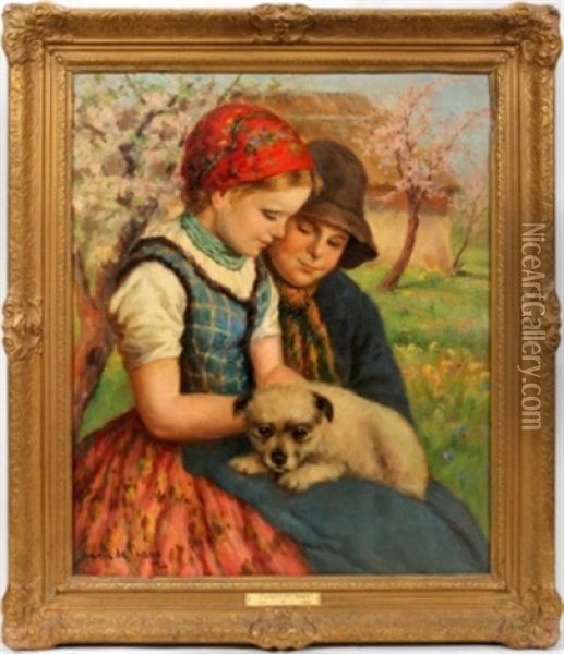 Boy And Girl With Puppy Oil Painting - Ernest De Nagy