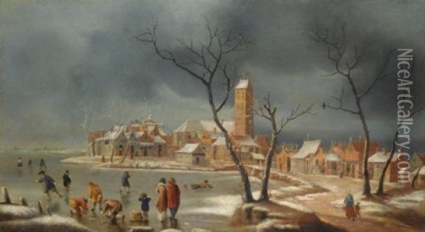 A Winter Landscape With Figures Playing And Skating On The Ice At The Edge Of A Town Oil Painting - Jan Abrahamsz. Beerstraten