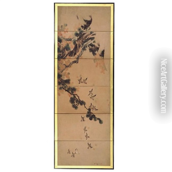 Shoka Gunjaku Zu Byobu (in 6 Parts) Oil Painting -  Hokusai