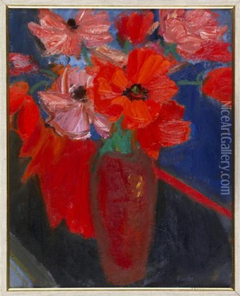 Poppies In A Red Vase Oil Painting - John Rennie MacKenzie Houston