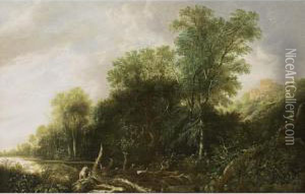 A Wooded River Landscape With Women Bathing, A View Of Classical Houses On A Hill In The Background Oil Painting - Francis Van Knibbergen