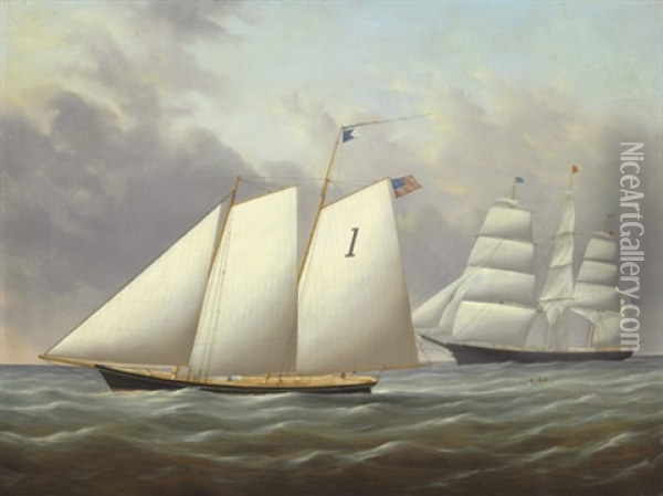 The American Merchantman "calliance" Hove-to To Take On A Pilot (collab. W/ William S. Smith) Oil Painting - Joseph B. Smith