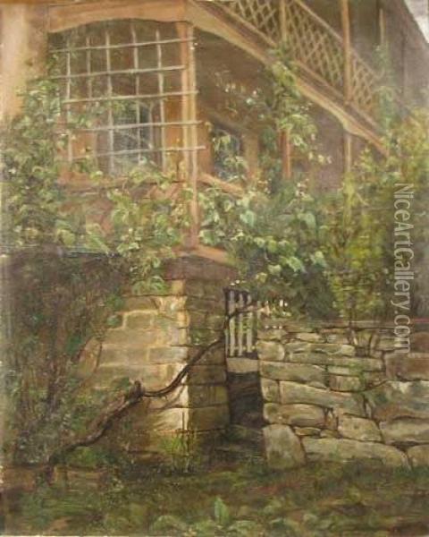 Stone Wall And Vine Covered Porch Oil Painting - George Hetzel