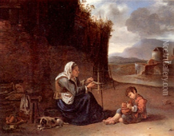 An Old Woman At The Distaff And A Playing Boy In An Italian Landscape Oil Painting - Johannes Lingelbach