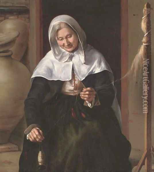 An old woman spinning wool in an interior Oil Painting - Louis And Matthew Le Nain