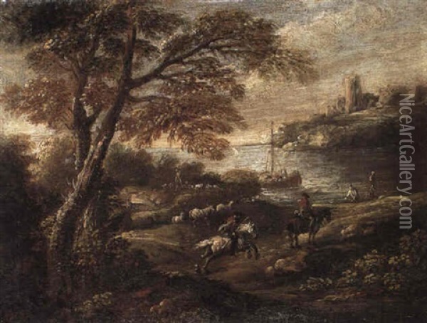 Horsement Approaching An Estuary Oil Painting - Francesco Simonini