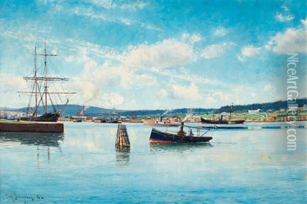 Harbour Scene From Harnosand Oil Painting - Carl (August) Johansson