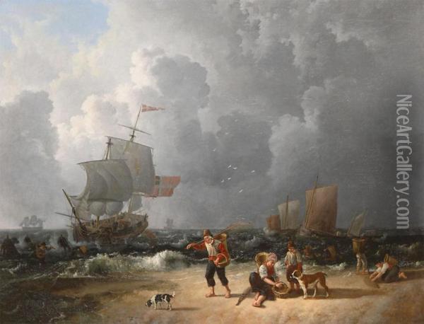 Shrimpers At The Beach With Threemaster And Yachts Oil Painting - Leendert de Koningh