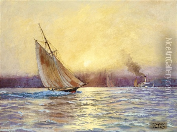 Sailing Boat On Bosporus, With Istanbul In The Background Oil Painting - Diyarbakirli Tahsin