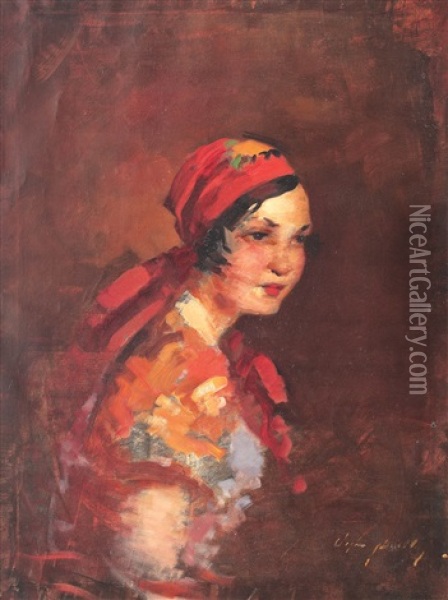 Red Bandana Oil Painting - Bertalan (Bartholomaus) Vigh