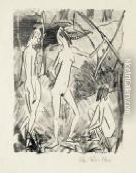 Zwei Stehende Und Ein Sitzendes Madchen Oil Painting - Otto Mueller