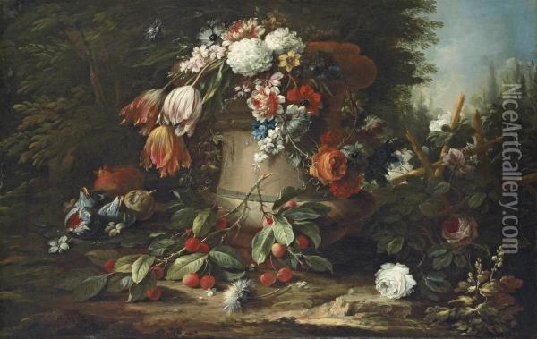 Roses, Tulips, Carnations And Other Flowers In A Stone Urn, With Roses On A Trellis, Figs, Cherries And A Pomegranate On A Garden Floor Oil Painting - Andrea Belvedere