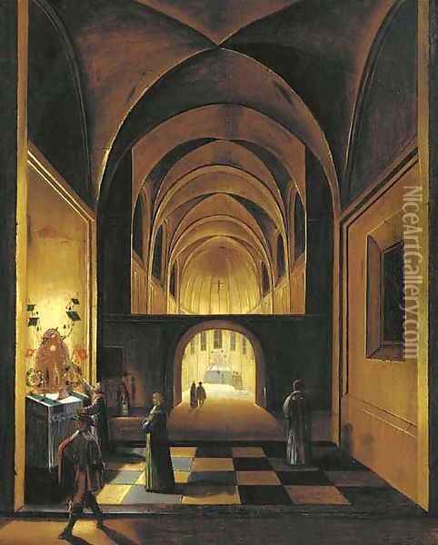 The interior of a church by night, with elegant company and priests at a decorated altar in a side chapel Oil Painting - Peeter, the Younger Neeffs
