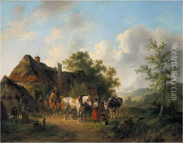 Horses And Cows In Front Of A Cottage Oil Painting - Wouterus Verschuur