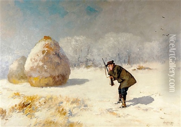 Huntsman In Winter Landscape Oil Painting - Antal (Laszlo) Neogrady