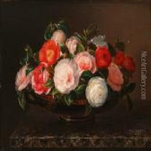 Roses In A Greek Bowlon A Marble Table Oil Painting - Johan Laurentz Jensen