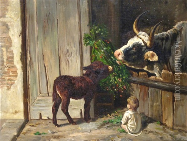 Barn Interiors With Cattle, Bull, Donkey And Child (a Pair) Oil Painting - Valerio Laccetti