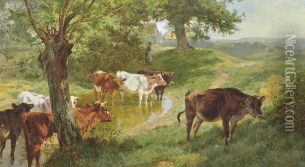 Cattle Watering At A Dew Pond Oil Painting - Charles Collins