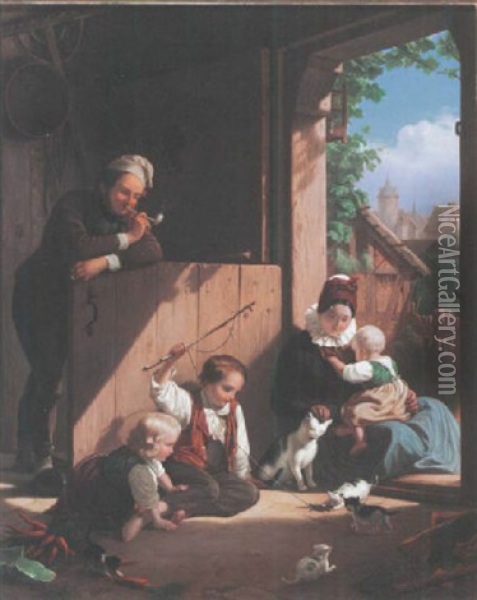 Familiengluck Mit Spielenden Kindern Und Tieren Oil Painting - Friedrich Eduard Meyerheim