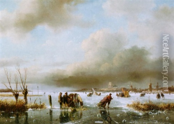 Skaters On A Frozen River Near The City Of Dordrecht Oil Painting - Andreas Schelfhout
