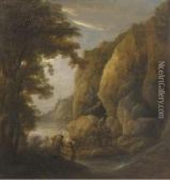 A Mountain Gorge With Travellers On A Path Oil Painting - Jaques D'Arthois