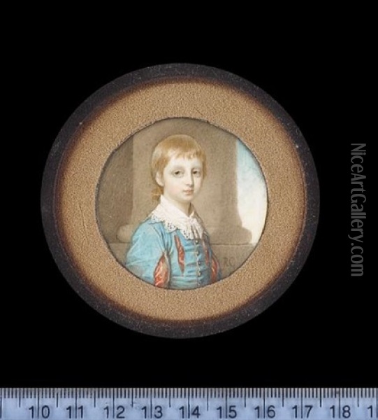 A Young Boy, Wearing Cyan-blue Doublet Slashed To Reveal Scarlet And Gold, His White Lace Trimmed Collar Tied With Tasselled Laces, Column Background Oil Painting - Richard Cosway