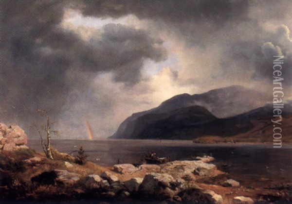 Norwegische Landschaft Mit Fortziehendem Regen, Im Hintergrund Ein Regenbogen Oil Painting - Andreas Achenbach