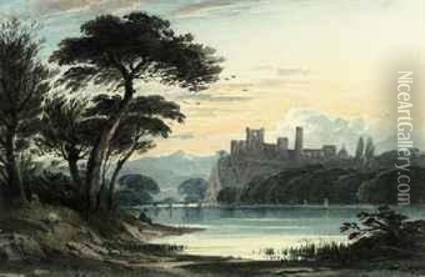 Figure Resting By A Lake, With A Castle Beyond Oil Painting - John Varley