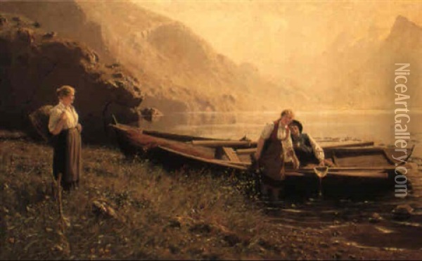 Flirtation At The Fjord Oil Painting - Hans Dahl
