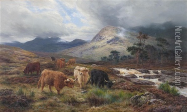Cattle By A Highland Torrent Oil Painting - Louis Bosworth Hurt