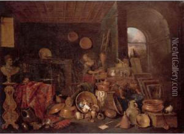 A Kitchen Still Life With 
Various Cooking Utensils, A Suit Of Armour, A Bust, A Rug And Two 
Figures Cleaning Pots And Pans Oil Painting - Gian Domenico Valentino