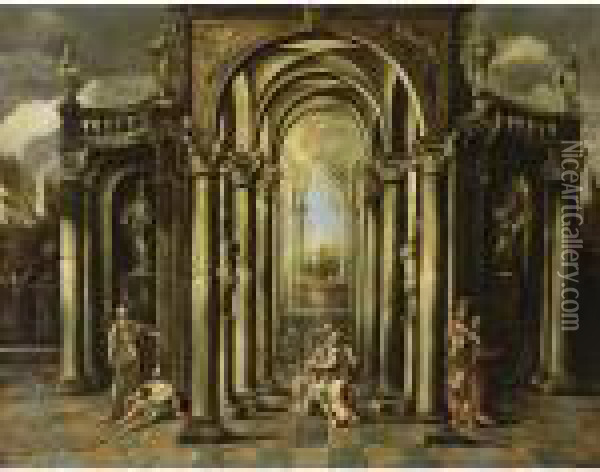 An Architectural Capriccio Of A 
Classical Building Adorned With Statues And David Playing The Harp 
Surrounded By Other Figures Oil Painting - Giovanni Ghisolfi