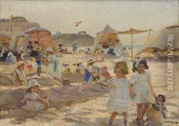 La Jeune Fille Au Drapeau Sur La Grande Plage A Biarritz Oil Painting - Paul Michel Dupuy