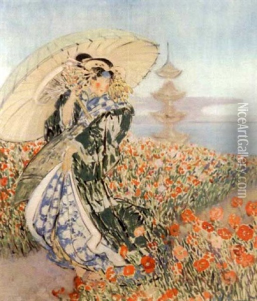 Japanese Woman In Flower Garden Oil Painting - Everett Lloyd Bryant
