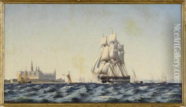 Fregatten Und Kriegsmarine Vor Schloss Kronborg. Oil Painting - Johann Jens Neumann