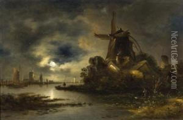 Estuary Scene With Windmill By Moonlight Oil Painting - William Henry Crome