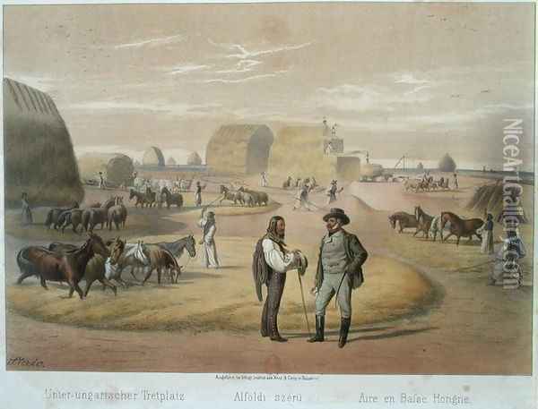 Threshing Wheat in Hungary, from a book by Baron Pronay, Budapest, 1855 Oil Painting - Karoly Sterio