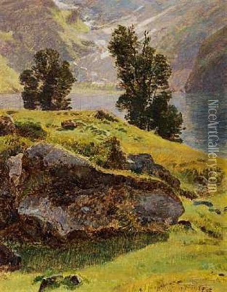 Sommerlandskab I Bjergene Oil Painting - Janus la Cour