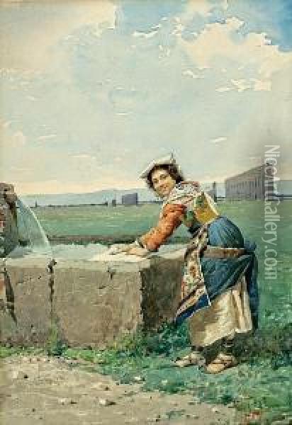 A Girl At A Well In The Roman Campagna Oil Painting - Filippo Indoni