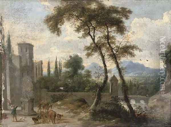A river landscape with a turretted bridge and a drover by a statue Oil Painting - Marco Ricci