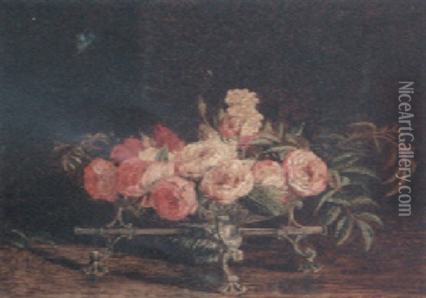 Pink And White Roses In An 18th Century Silver Dish-cross, A Chalkhill Blue Butterfly Above Oil Painting - William Bell Scott