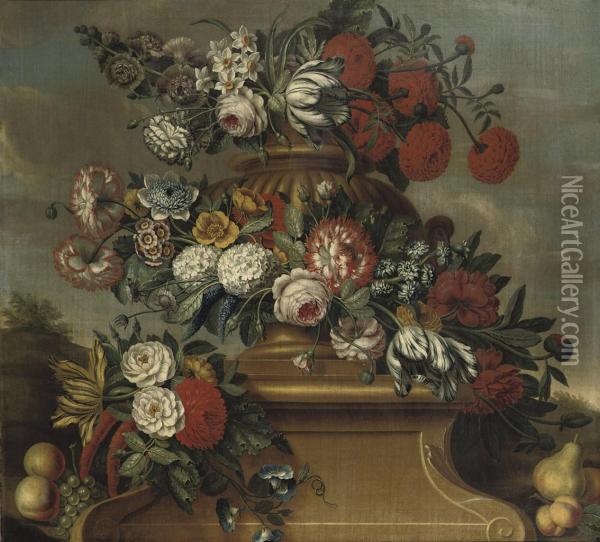 A Garland Of Pink Roses Oil Painting - Cornelis Lens