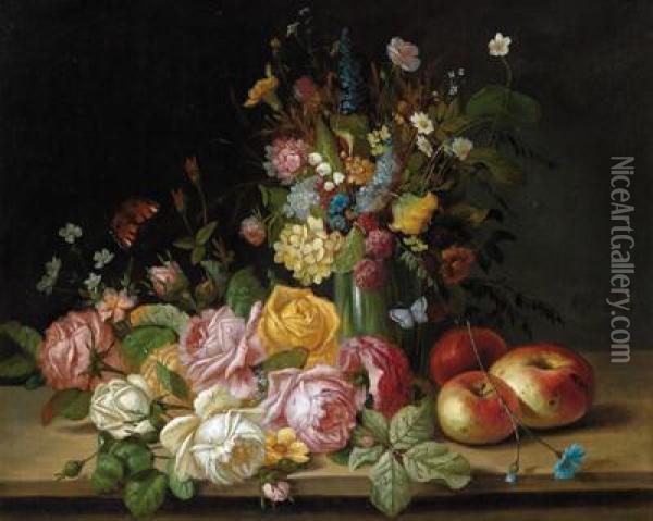 Blumenstuck Mit Rosen Undsommerblumen Und Apfel Oil Painting - Hans Zatzka