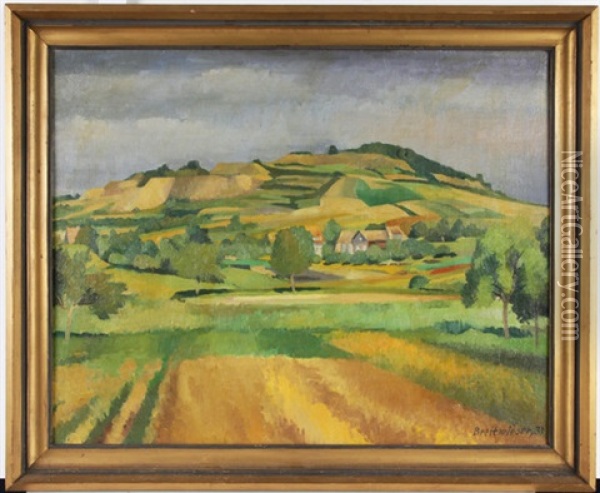 Landschaft Mit Feld Und Blick Auf Eine Ortschaft Mit Anhohe Oil Painting - Georg Breitwieser