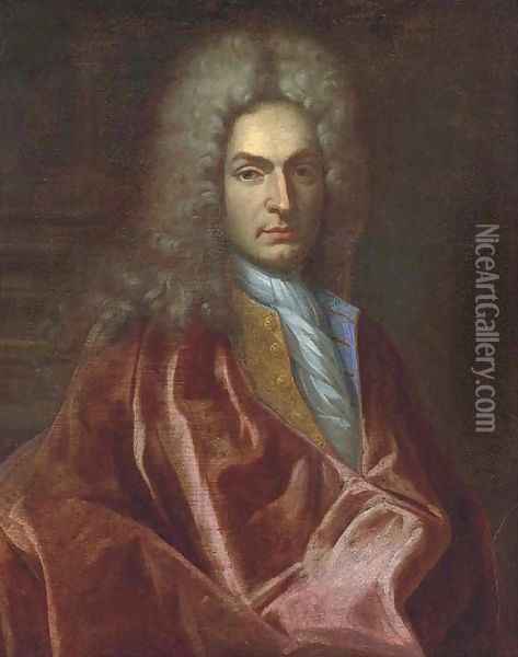 Portrait of a gentleman, half-length, wearing a red velvet cloak and white cravat Oil Painting - Nicolas de Largilliere