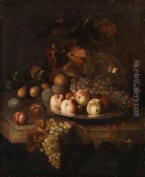 Peaches, Grapes And Plums On A 
Pewter Plate, With A Melon, Pears,apples And Red Currants On A Marble 
Ledge Oil Painting - Jakob Bogdani Eperjes C