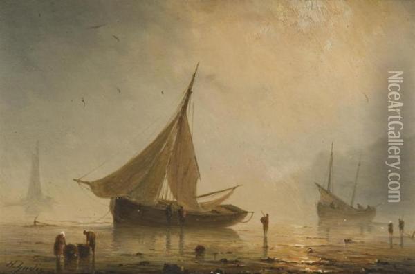 Fishing Boats In A Calm Oil Painting - Herminie Gudin